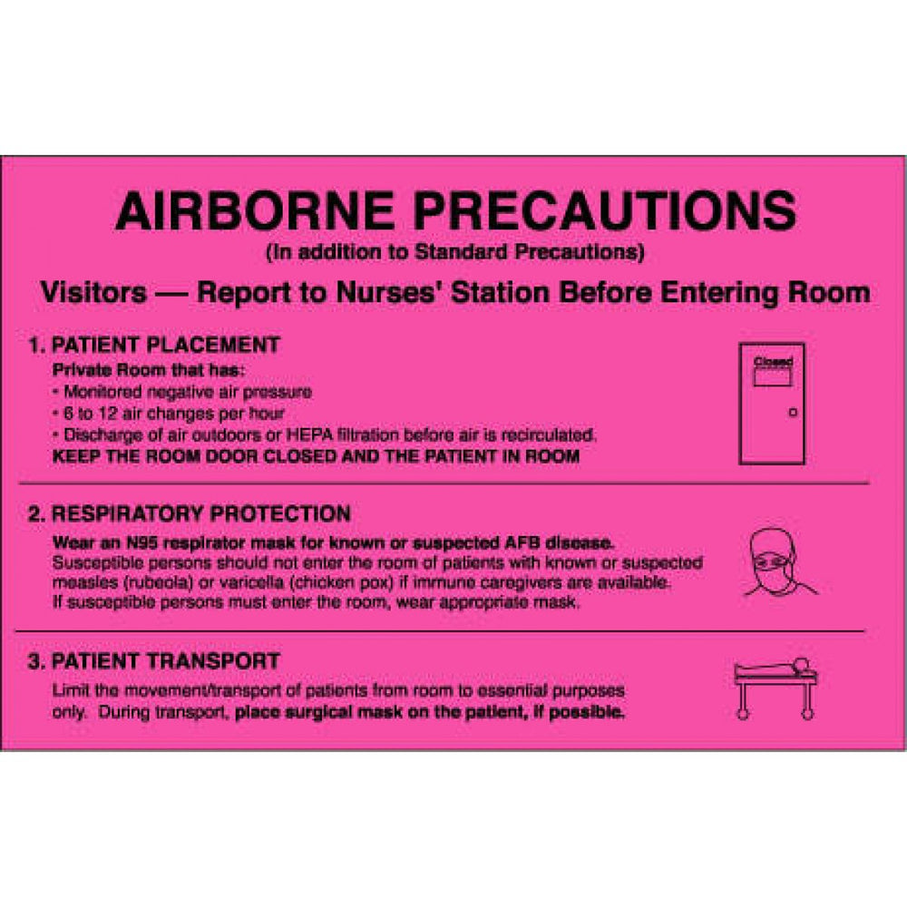Label Paper Removable Airborne Precautions 8" X 5 1/4" Fl. Pink 50 Per Package