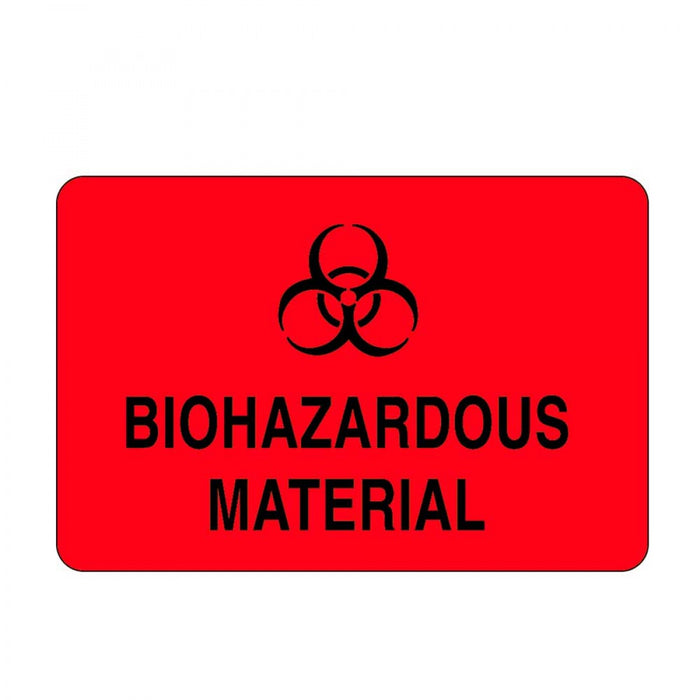 Hazard Label (Paper, Permanent) Biohazardous Material 3" X 2" Fluorescent Red - 500 Labels Per Roll