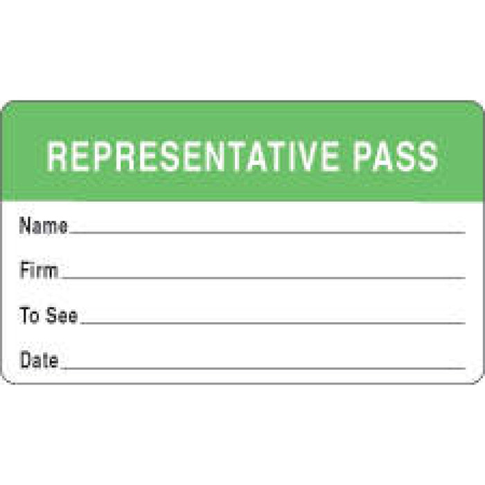 Visitor Pass Label Paper Removable Representative Pass 1" Core 2 3/4 " X 1 3/4" Light Green 1000 Per Roll