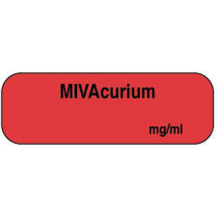 Anesthesia Label Tall-Man Lettering Paper Permanent Mivacurium Mg/Ml 1 1/2" X 1/2" Fl. Red 1000 Per Roll