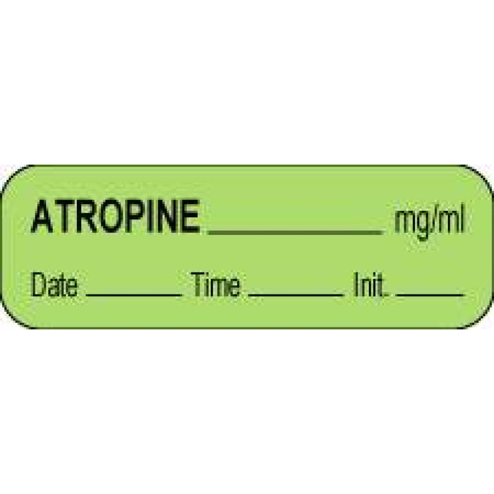 Anesthesia Label With Date, Time, And Initial Paper Permanent Atropine Mg/Ml 1 1/2" X 1/2" Green 1000 Per Roll