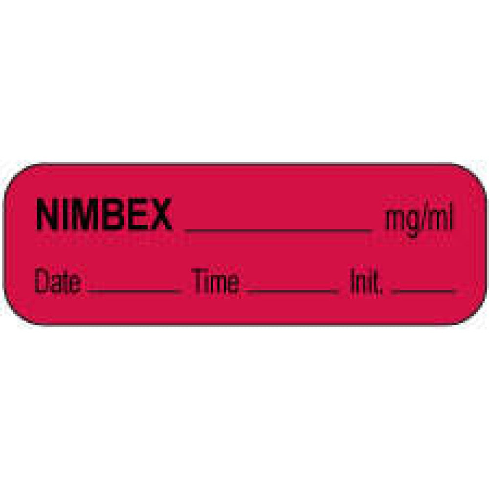 Anesthesia Label With Date, Time, And Initial Paper Permanent Nimbex Mg/Ml 1 1/2" X 1/2" Fl. Red 1000 Per Roll
