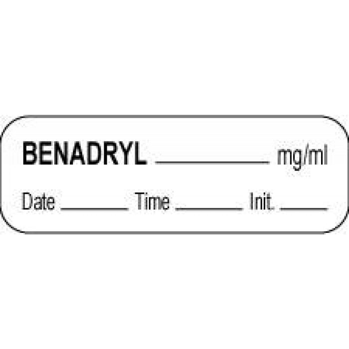 Anesthesia Label With Date, Time, And Initial Paper Permanent Benadryl Mg/Ml 1 1/2" X 1/2" White 1000 Per Roll