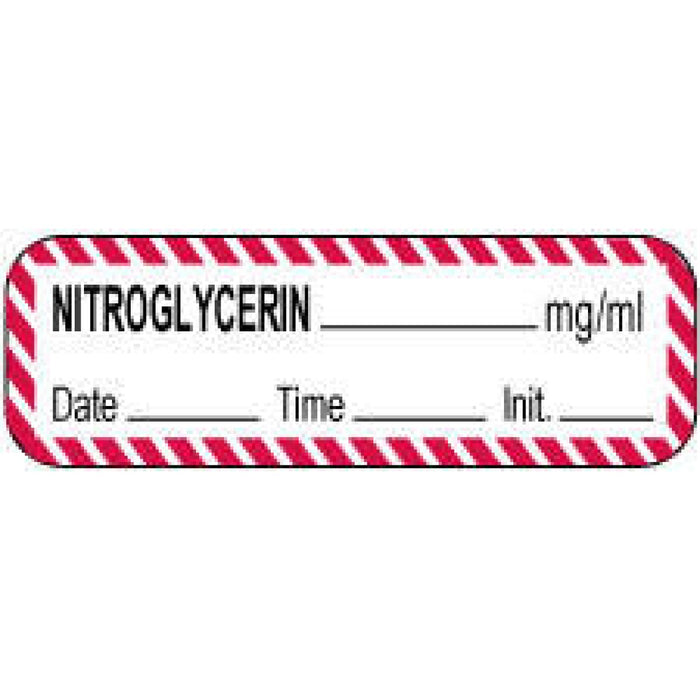 Anesthesia Label With Date, Time, And Initial Paper Permanent Nitroglycerin Mg/Ml 1 1/2" Core 1 1/2" X 1/2" White With Fl. Red 1000 Per Roll