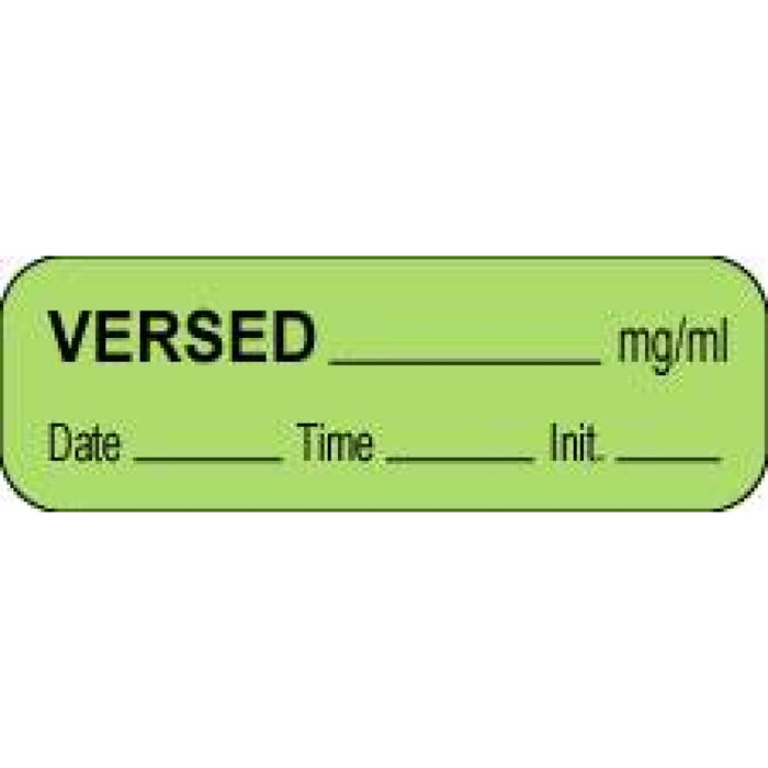 Anesthesia Label With Date, Time, And Initial Paper Permanent Versed Mg/Ml 1 1/2" X 1/2" Green 1000 Per Roll