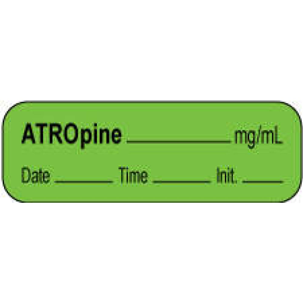 Anesthesia Label With Date, Time, And Initial | Tall-Man Lettering Paper Permanent Atropine Mg/Ml 1 1/2" X 1/2" Green 1000 Per Roll