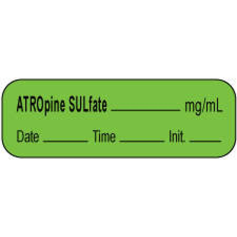 Anesthesia Label With Date, Time, And Initial | Tall-Man Lettering Paper Permanent Atropine Sulfate Mg/Ml 1 1/2" X 1/2" Green 1000 Per Roll