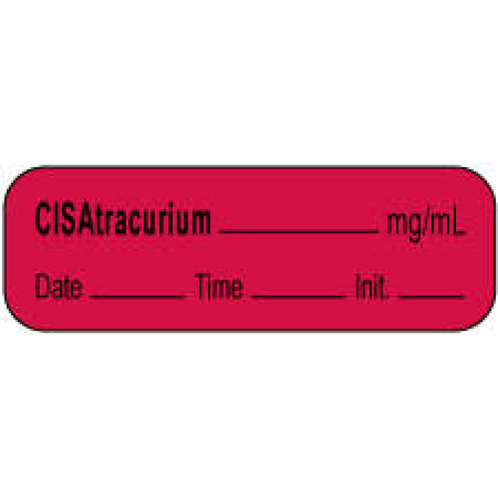 Anesthesia Label With Date, Time, And Initial | Tall-Man Lettering Paper Permanent Cisatracurium Mg/Ml 1 1/2" X 1/2" Fl. Red 1000 Per Roll