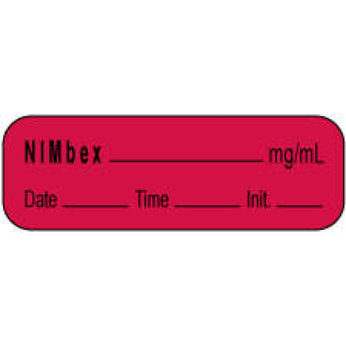 Anesthesia Label With Date, Time, And Initial | Tall-Man Lettering Paper Permanent Nimbex Mg/Ml 1 1/2" X 1/2" Fl. Red 1000 Per Roll