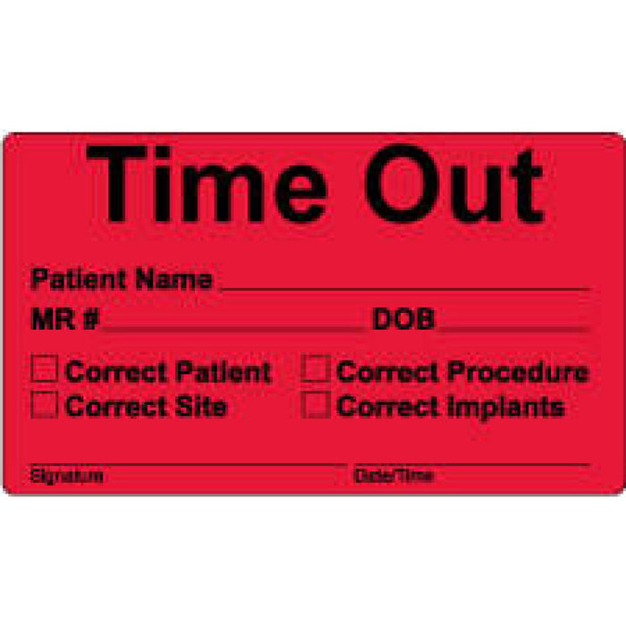 Label Paper Permanent Time Out Patient 3" X 1 3/4" Fl. Red 500 Per Roll