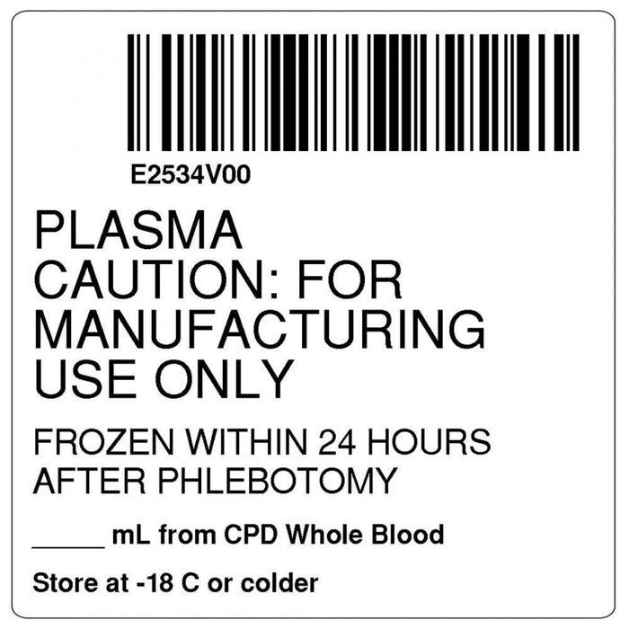 Label Isbt 128 Synthetic Permanent "Plasma Caution:'' Core 2" X 2" White 500 Per Roll