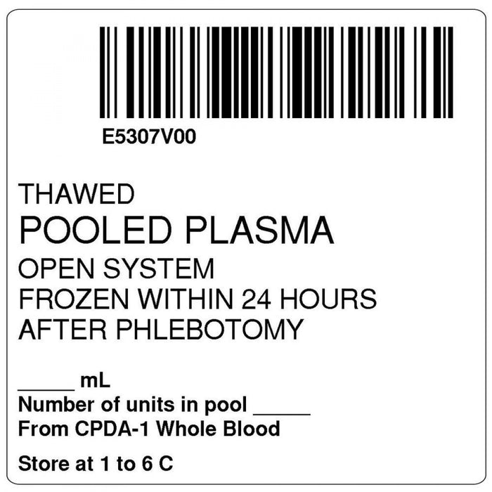 Label, Isbt 128, Synthetic, Permanent, "Thawed Pooled Plasma", 2 X 2, White, 500 Per Roll