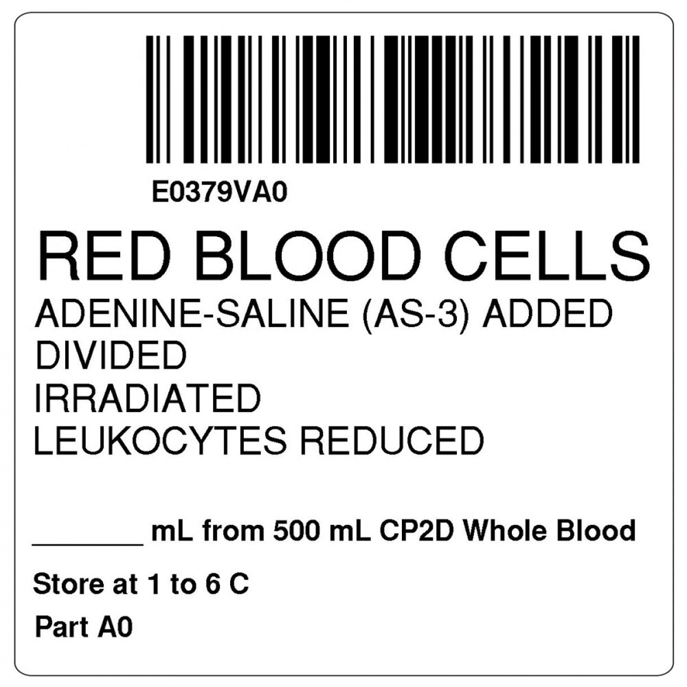 Label, Isbt 128, Synthetic, Permanent, "Red Blood Cells Irr", 2 X 2, White, 500 Per Roll