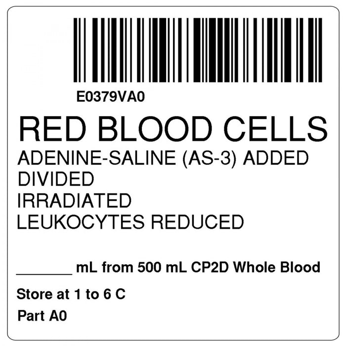 Label, Isbt 128, Synthetic, Permanent, "Red Blood Cells Irr", 2 X 2, White, 500 Per Roll