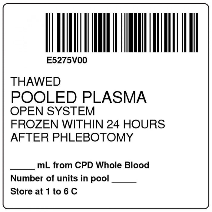 Label, Isbt 128, Synthetic, Permanent, "Thawed Pooled Plasma", 2 X 2, White, 500 Per Roll