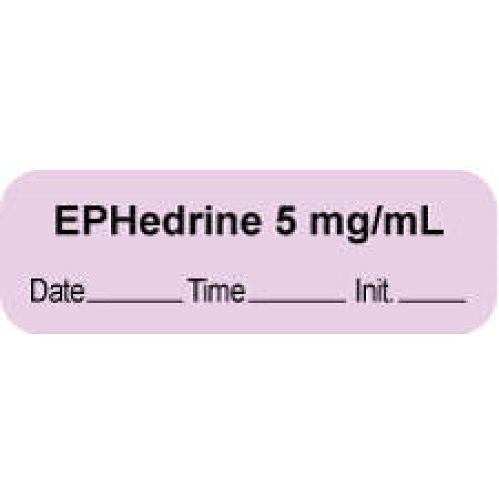Anesthesia Label With Date, Time, And Initial | Tall-Man Lettering Paper Permanent "Ephedrine 5 Mg/Ml" Core 1 1/2" X 1/2" Violet 1000 Per Roll