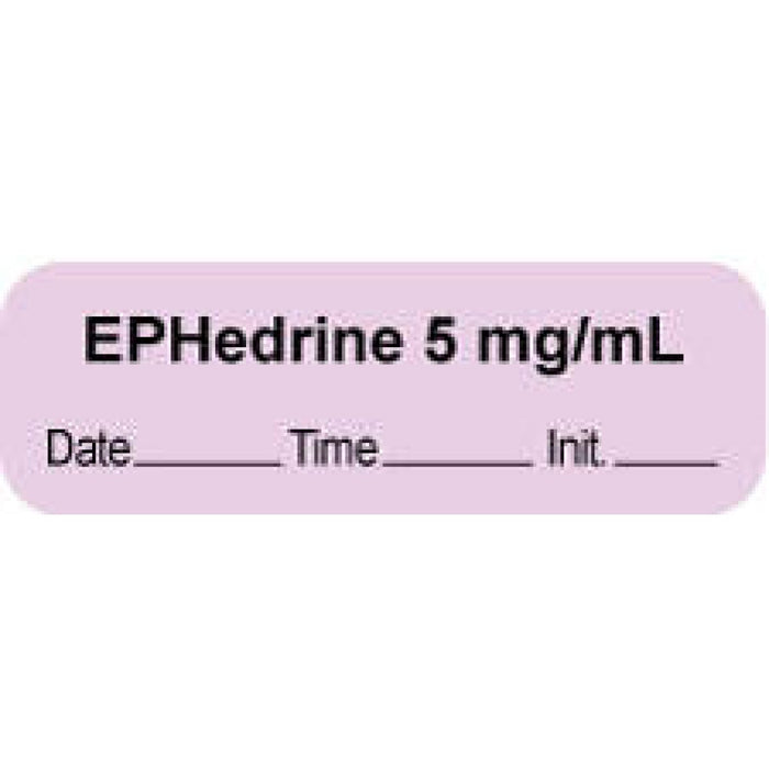 Anesthesia Label With Date, Time, And Initial | Tall-Man Lettering Paper Permanent "Ephedrine 5 Mg/Ml" Core 1 1/2" X 1/2" Violet 1000 Per Roll