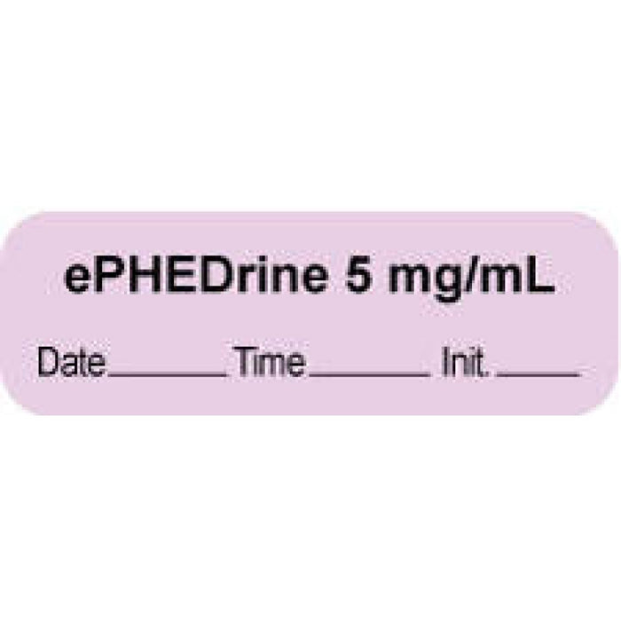 Anesthesia Label With Date, Time, And Initial | Tall-Man Lettering Paper Permanent "Ephedrine 5 Mg/Ml" Core 1 1/2" X 1/2" Violet 1000 Per Roll
