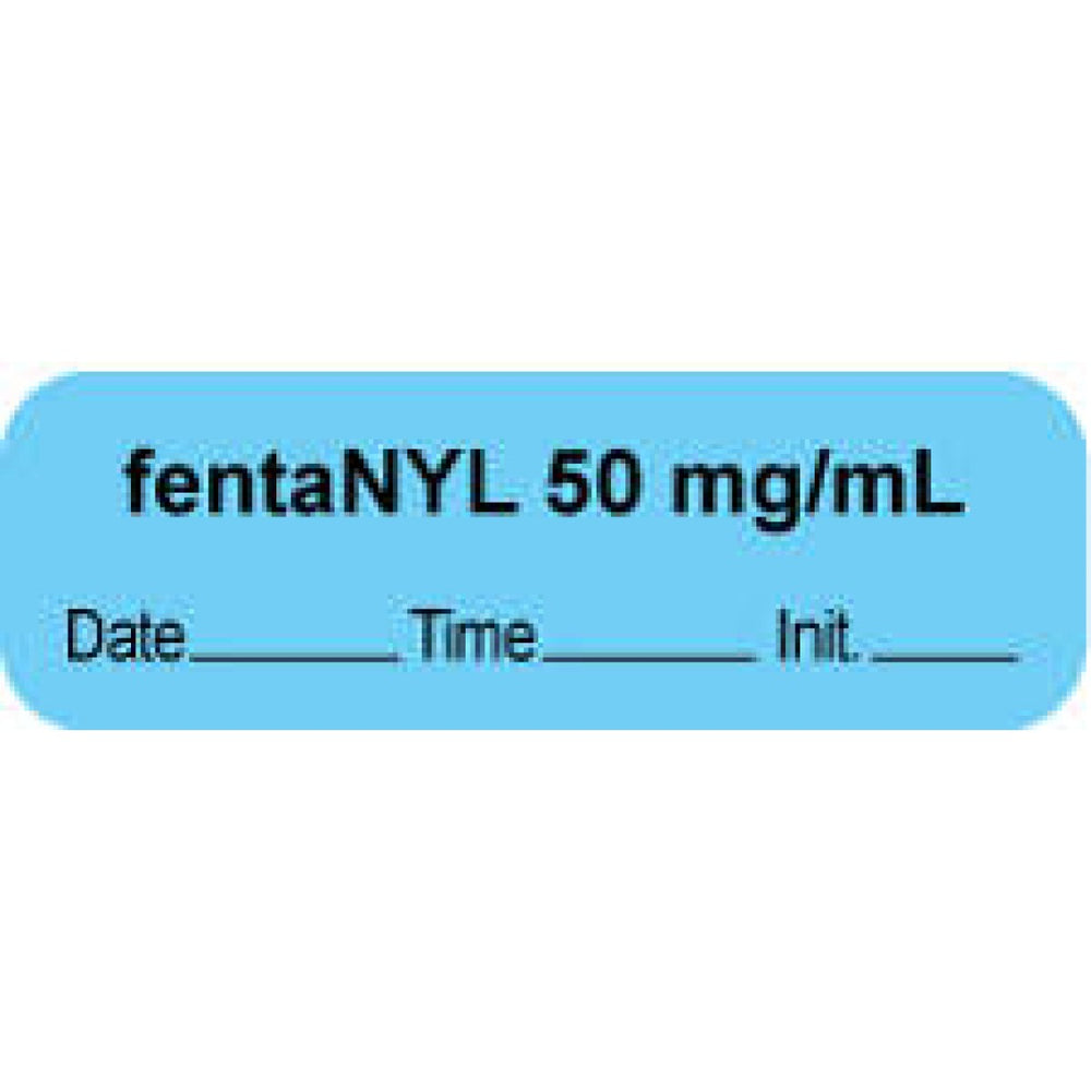 Anesthesia Label With Date, Time, And Initial | Tall-Man Lettering Paper Permanent "Fentanyl 50 Mg/Ml" Core 1 1/2" X 1/2" Blue 1000 Per Roll