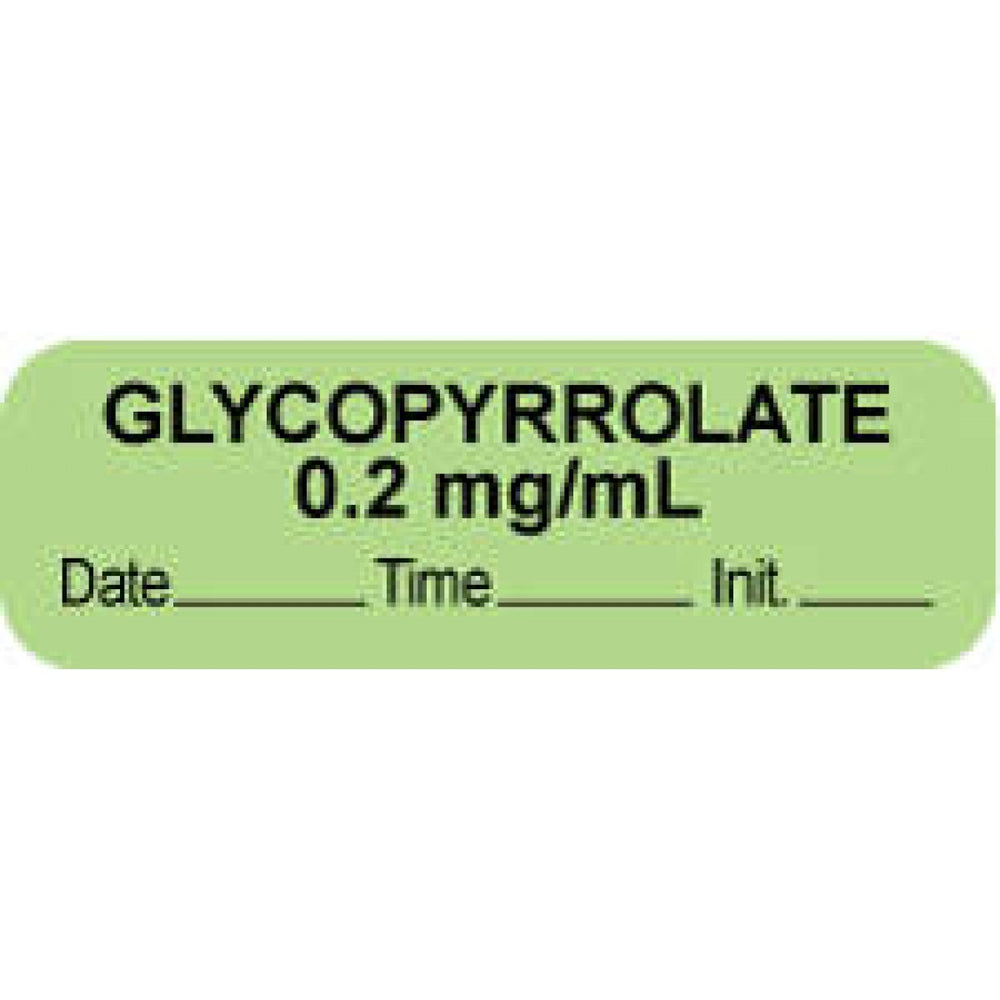 Anesthesia Label With Date, Time, And Initial Paper Permanent "Glycopyrrolate 0.2" Core 1 1/2" X 1/2" Green 1000 Per Roll