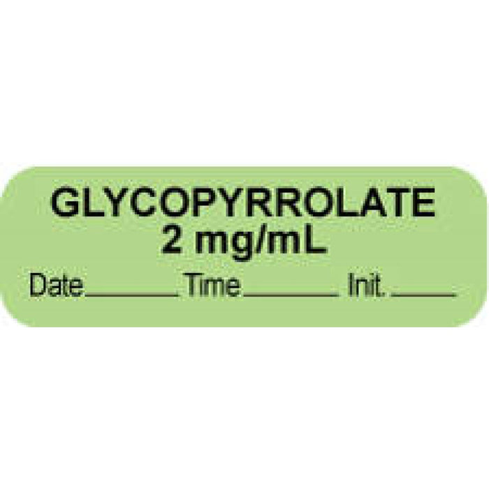 Anesthesia Label With Date, Time, And Initial Paper Permanent "Glycopyrrolate 2 Mg/Ml" Core 1 1/2" X 1/2" Green 1000 Per Roll