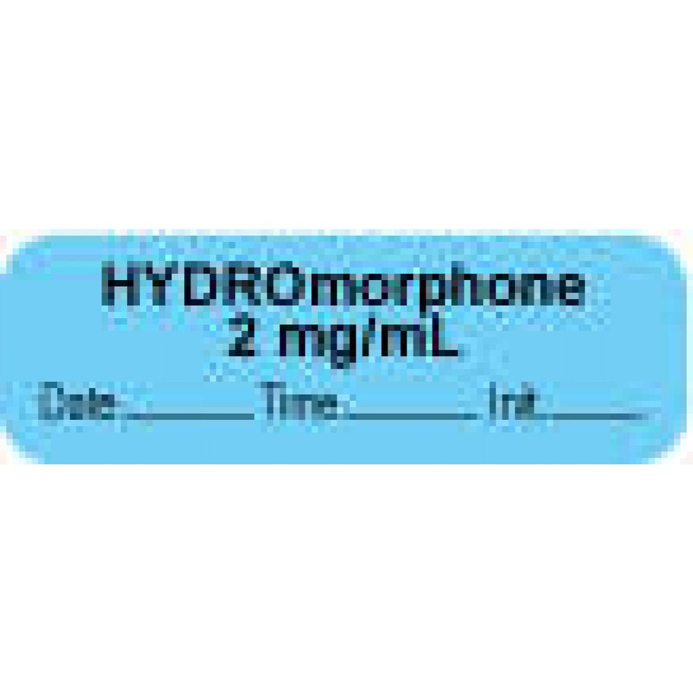 Anesthesia Label With Date, Time, And Initial | Tall-Man Lettering Paper Permanent "Hydromorphone 2 Mg/Ml" Core 1 1/2" X 1/2" Blue 1000 Per Roll