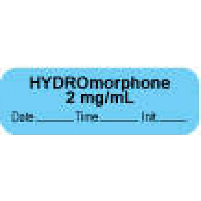 Anesthesia Label With Date, Time, And Initial | Tall-Man Lettering Paper Permanent "Hydromorphone 2 Mg/Ml" Core 1 1/2" X 1/2" Blue 1000 Per Roll