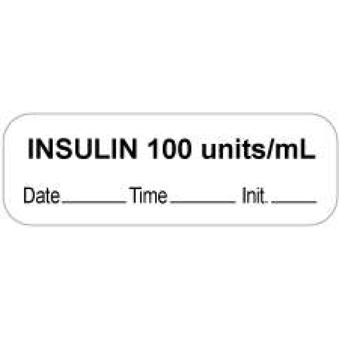 Anesthesia Label With Date, Time, And Initial Paper Permanent "Insulin 100 Units/Ml" Core 1 1/2" X 1/2" White 1000 Per Roll