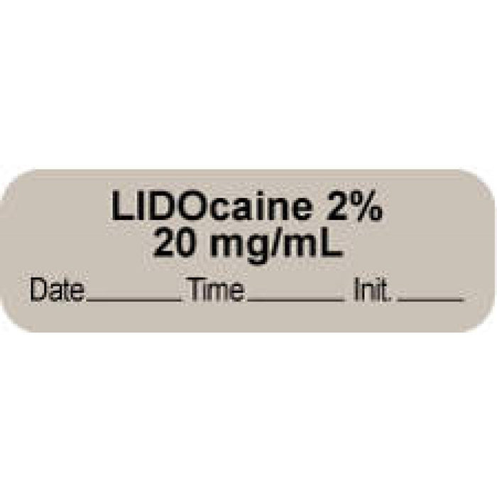 Anesthesia Label With Date, Time, And Initial | Tall-Man Lettering Paper Permanent "Lidocaine 2% 20 Mg/Ml" Core 1.5" X 0.5" Gray 1000 Per Roll