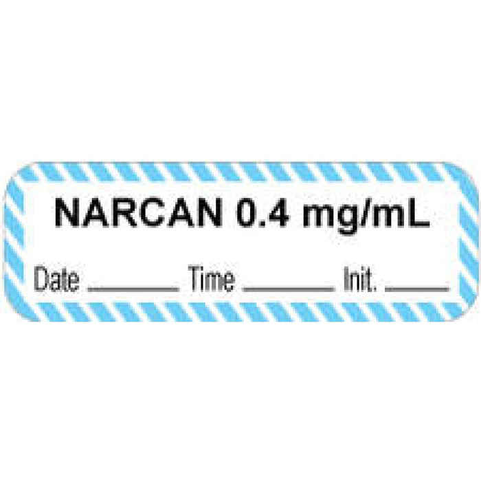Anesthesia Label With Date, Time, And Initial Paper Permanent "Narcan 0.4 Mg/Ml" Core 1.5" X 0.5" White With Blue 1000 Per Roll