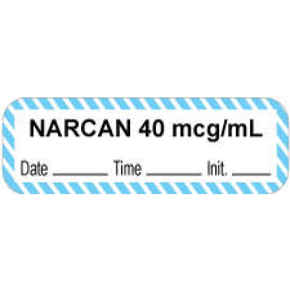 Anesthesia Label With Date, Time, And Initial Paper Permanent "Narcan 40 Mcg/Ml" Core 1.5" X 0.5" White With Blue 1000 Per Roll