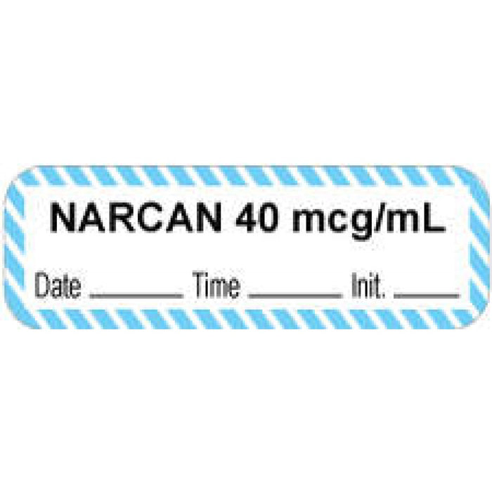 Anesthesia Label With Date, Time, And Initial Paper Permanent "Narcan 40 Mcg/Ml" Core 1.5" X 0.5" White With Blue 1000 Per Roll