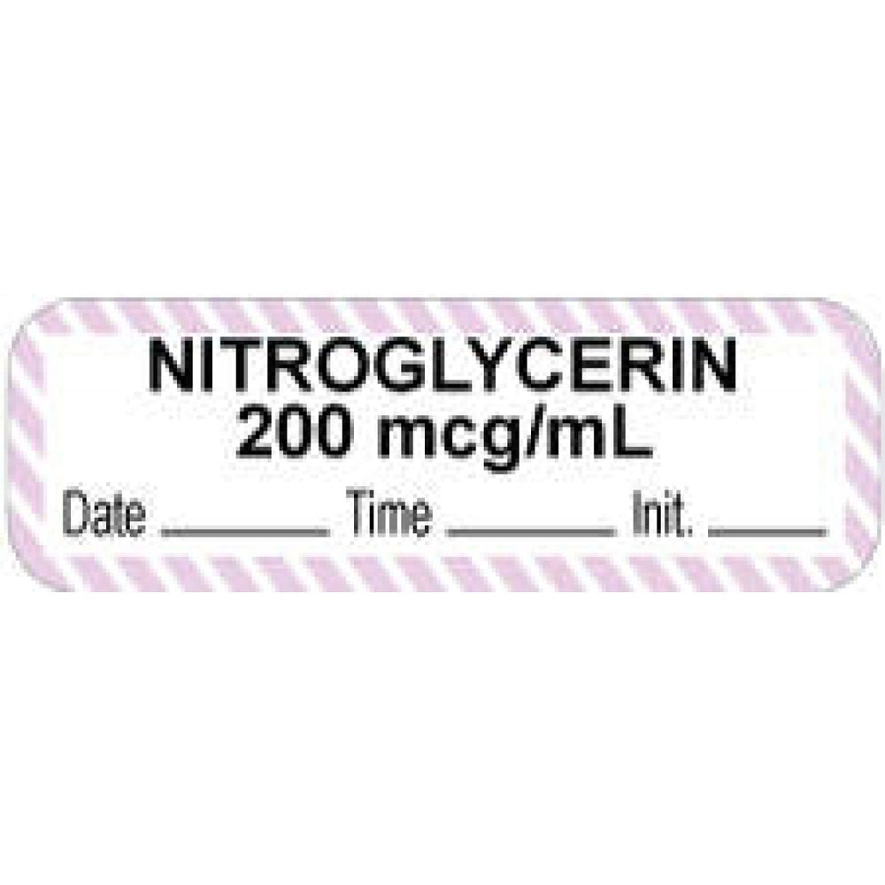 Anesthesia Label With Date, Time, And Initial Paper Permanent "Nitroglycerin 200 Mcg" Core 1.5" X 0.5" White With Violet 1000 Per Roll