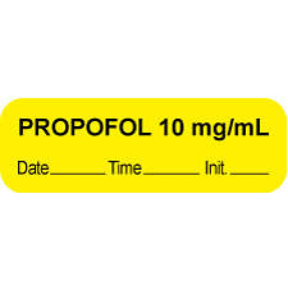 Anesthesia Label With Date, Time, And Initial Paper Permanent "Propofol 10 Mg/Ml" Core 1.5" X 0.5" Yellow 1000 Per Roll