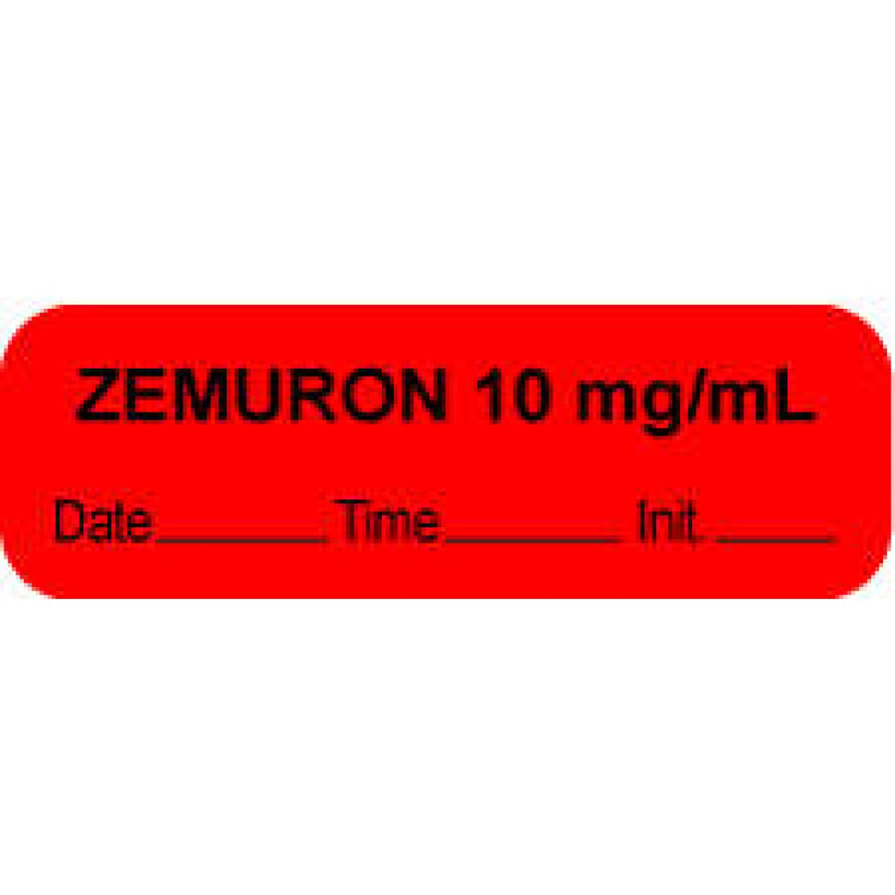 Anesthesia Label With Date, Time, And Initial Paper Permanent "Zemuron 10 Mg/Ml" Core 1.5" X 0.5" Fl. Red 1000 Per Roll