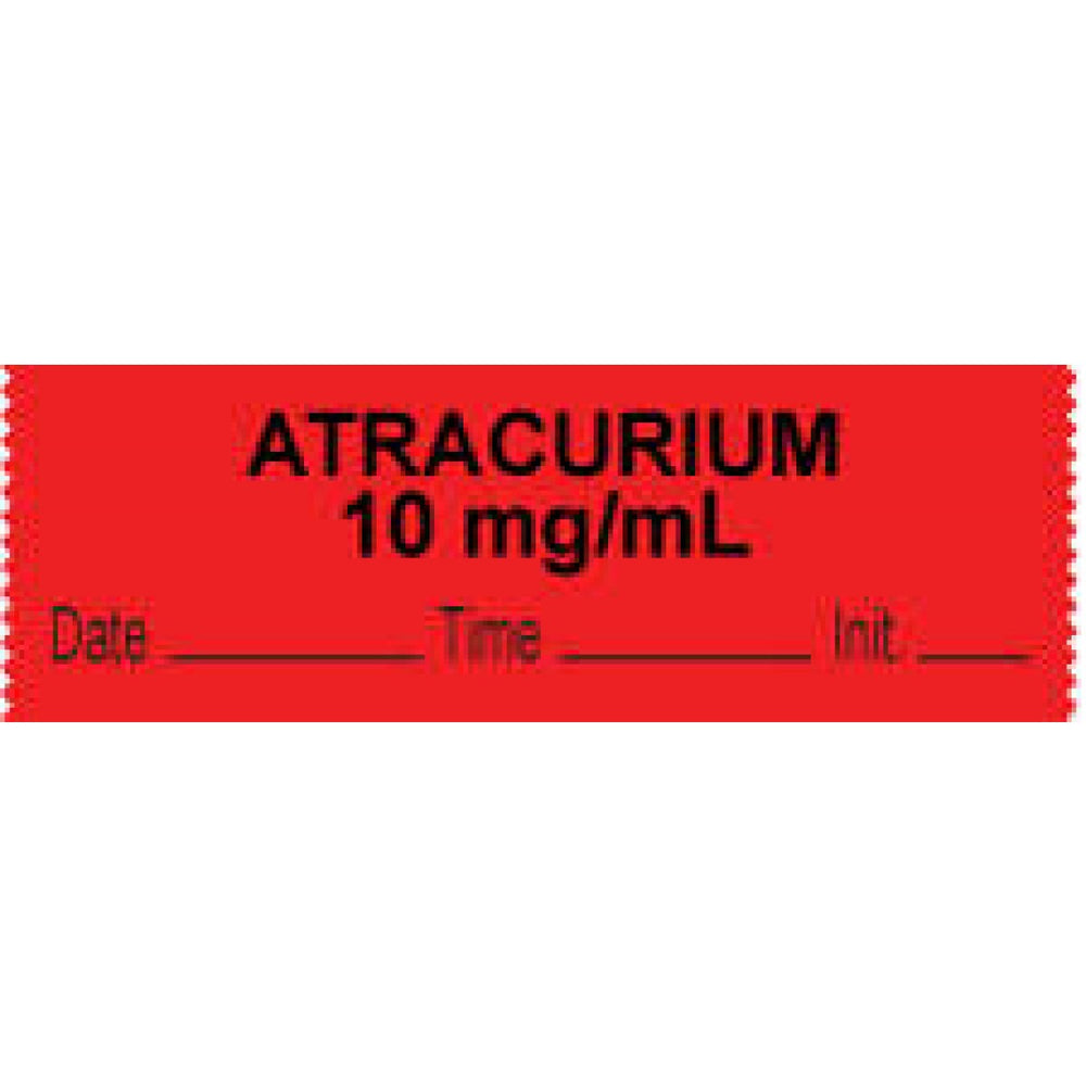Anesthesia Tape With Date, Time, And Initial Removable "Atracurium 10 Mg/Ml" 1" Core 0.5" X 500" Fl. Red 333 Imprints 500 Inches Per Roll