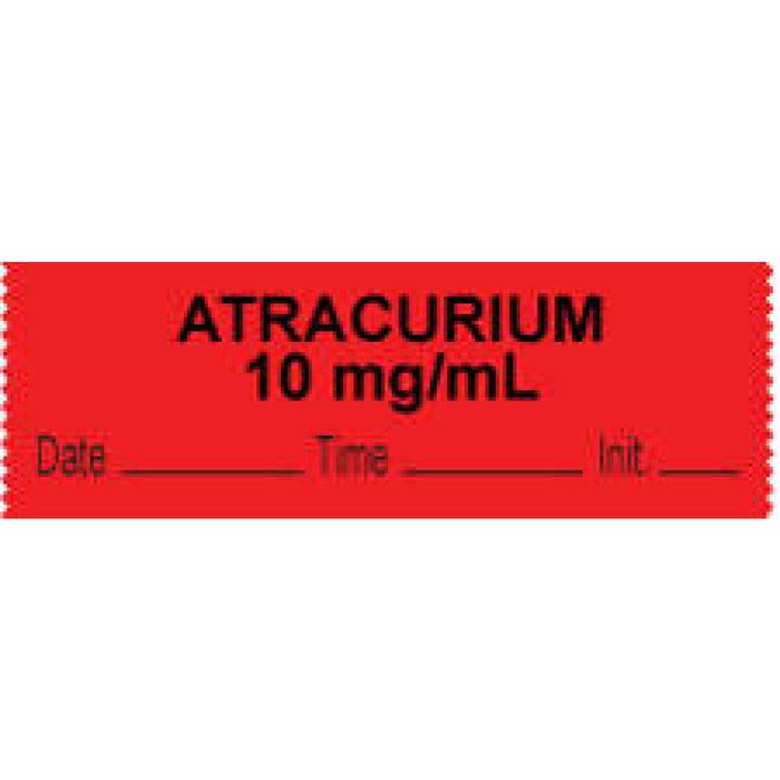 Anesthesia Tape With Date, Time, And Initial Removable "Atracurium 10 Mg/Ml" 1" Core 0.5" X 500" Fl. Red 333 Imprints 500 Inches Per Roll