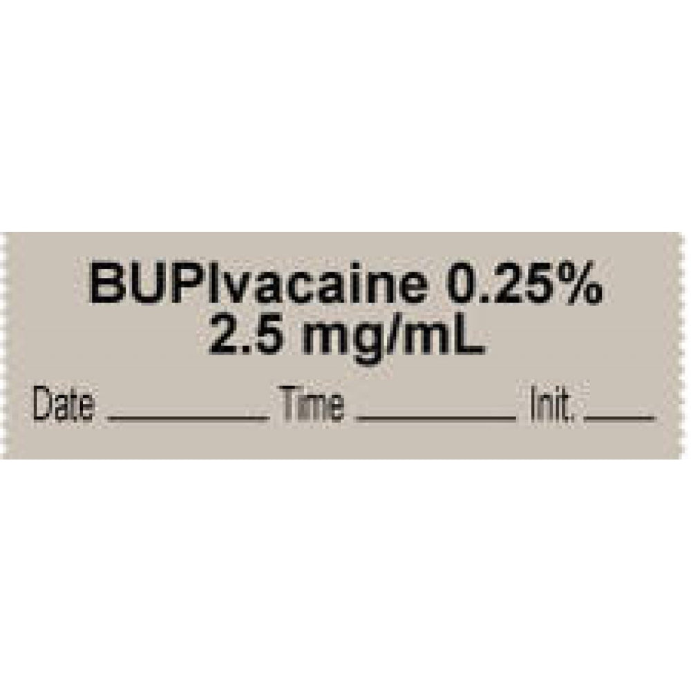 Anesthesia Tape With Date, Time, And Initial | Tall-Man Lettering Removable "Bupivacaine 0.25% 2.5" 1" Core 0.5" X 500" Gray 333 Imprints 500 Inches Per Roll