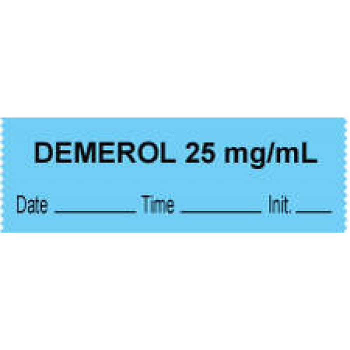 Anesthesia Tape With Date, Time, And Initial Removable "Demerol 25 Mg/Ml" 1" Core 0.5" X 500" Blue 333 Imprints 500 Inches Per Roll