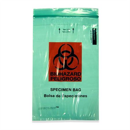 2-Pocket Zip-Closure Biohazard Specimen Bags 6" x 9" Transparent Green