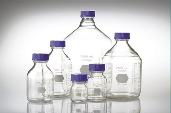 DWK Kimble Round Glass Media Bottles with Blue Screw Caps - GL 45 Media Storage Bottles, No Caps, 100 mL Capacity, 20 mL to 80 mL Graduation Range - 14396-100