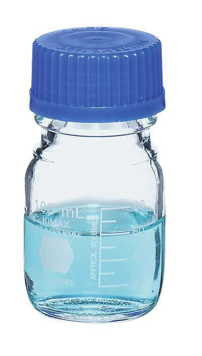 DWK Kimble Round Glass Media Bottles with Blue Screw Caps - GL 45 Media Storage Bottles, 100 mL Capacity, 20 mL to 80 mL Graduation Range - 14395-100