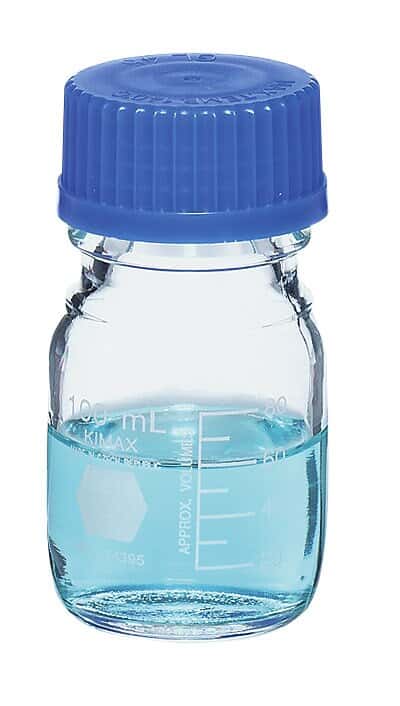 DWK Kimble Round Glass Media Bottles with Blue Screw Caps - GL 45 Media Storage Bottles, 100 mL Capacity, 20 mL to 80 mL Graduation Range - 14395-100
