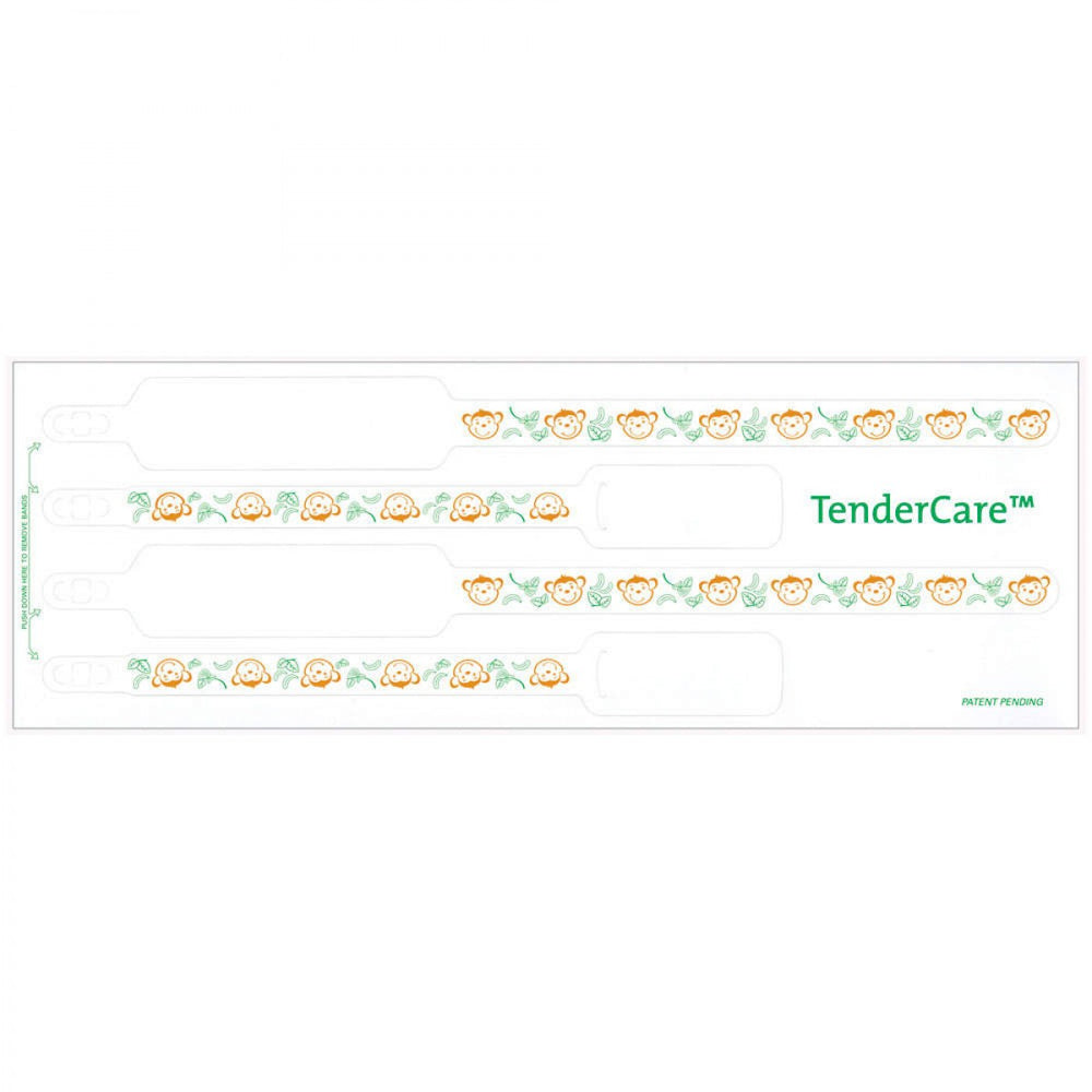 Tendercare Thermal Wristband Thermal 4Pt Mother, Father, Baby Set; Adhesive Closure X 1 1/2" 11" L X 1" H (Adult) 7" L X 8" H (Infant) White With Monkeys - 400 Per Box