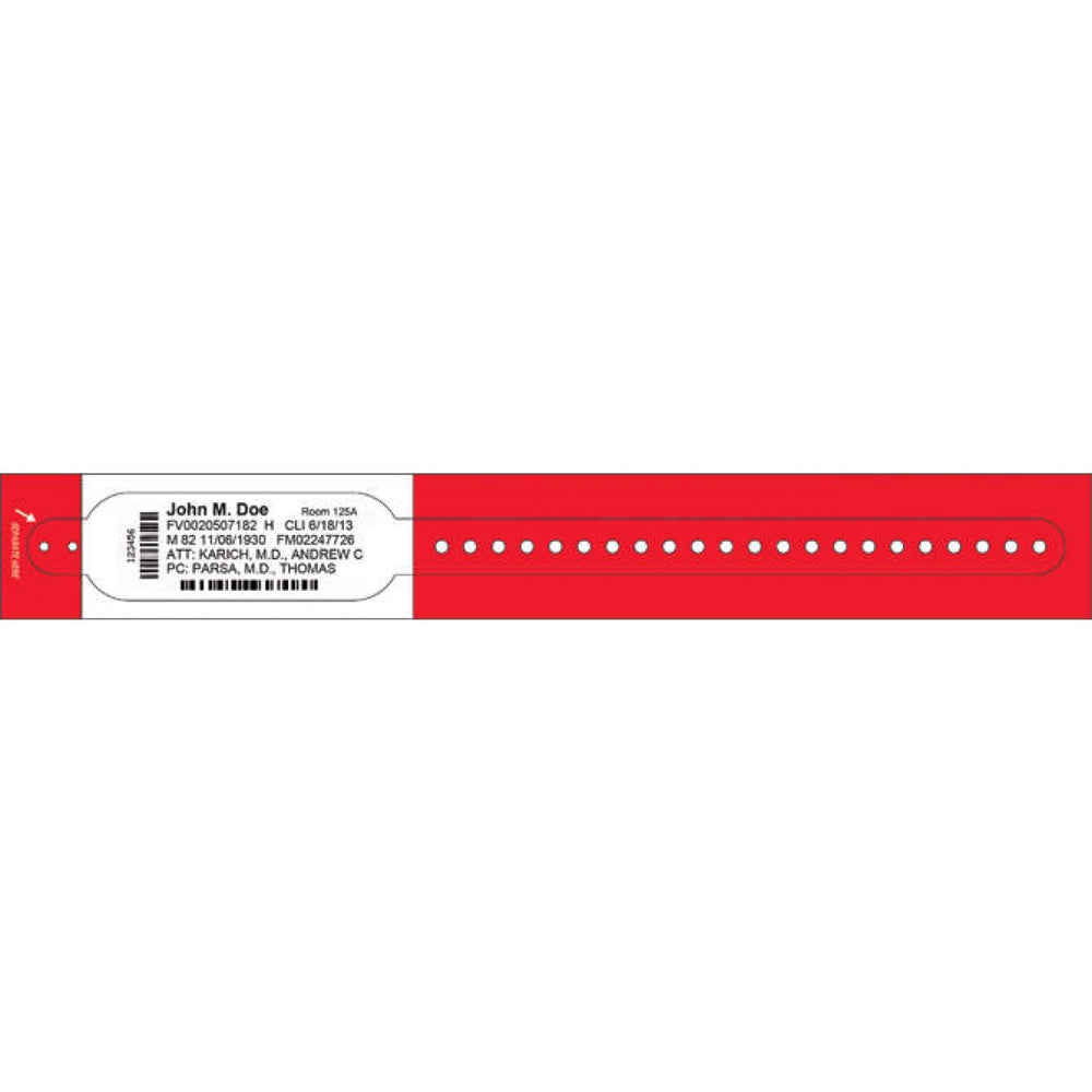 Dimensions: 10 13/16" X 1 1/8" Info Area: 4 1/2" X 1 1/8" Bands/Roll: 100 Rolls/Box: 2 Core Size: 1 1/2" Wound Out