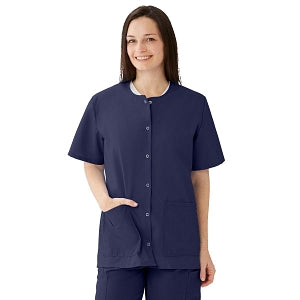 Medline AngelStat Women's Jewel Neck Short Sleeve Snap Front Scrub Tops - AngelStat Women's Jewel Neck Short-Sleeve Snap Front Tunic Scrub Top with 2 Pockets, Size XL, Navy - 851NNTXL