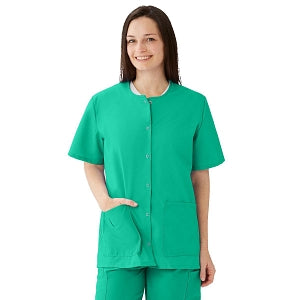 Medline AngelStat Women's Jewel Neck Short Sleeve Snap Front Scrub Tops - AngelStat Women's Jewel Neck Short-Sleeve Snap Front Tunic Scrub Top with 2 Pockets, Size S, Jade - 851NTJS