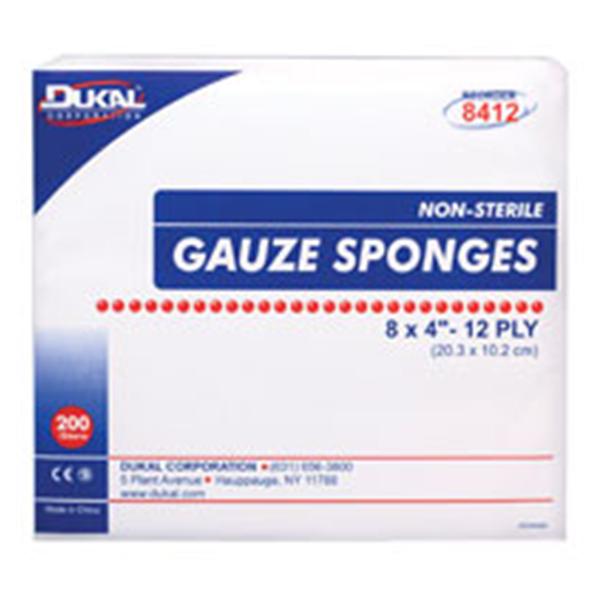 Dukal oration Dressing Gauze Cotton 8x4" 12 Ply Non-Sterile 200/Bg, 10 BG/CA (8412)