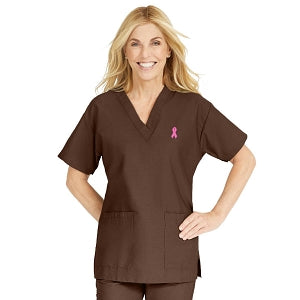 Medline ComfortEase Women's V-Neck Tunic Scrub Top with 2 Pockets - ComfortEase Women's V-Neck Short-Sleeve 2-Pocket Tunic Scrub Top, Size M, Black with Pink Ribbon - 8800DKWMPR
