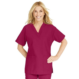 Medline ComfortEase Women's V-Neck Tunic Scrub Top with 2 Pockets - ComfortEase Women's V-Neck Short-Sleeve 2-Pocket Tunic Scrub Top, Size S, Ruby - 8800JRBS
